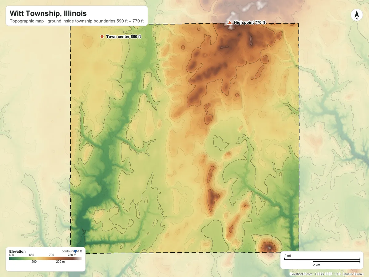 Topographic elevation map of Witt Township, Illinois, shaded from 590 ft on the south side to 770 ft on the east side