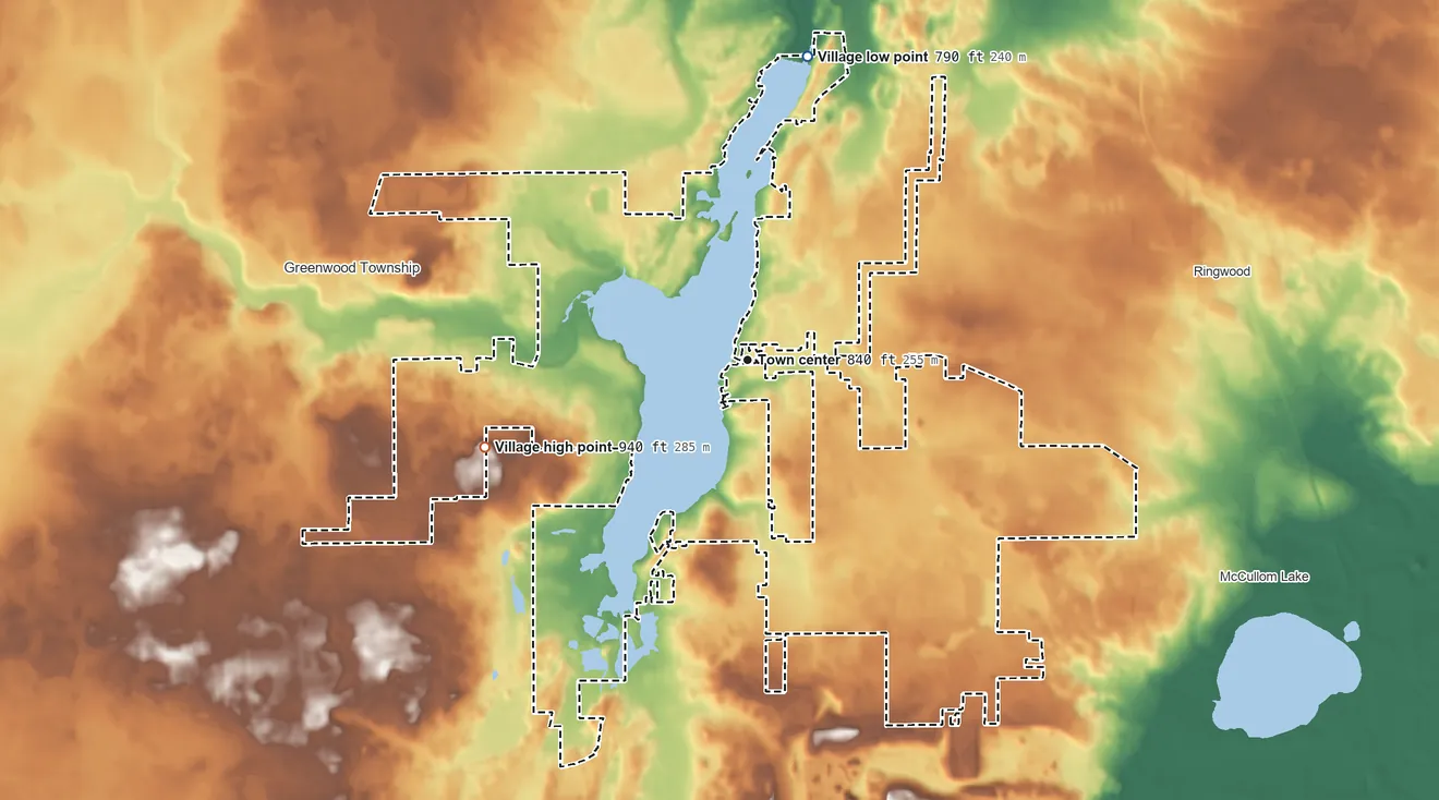 Topographic elevation map of Wonder Lake, Illinois, shaded from 790 ft on the north side to 940 ft on the west side