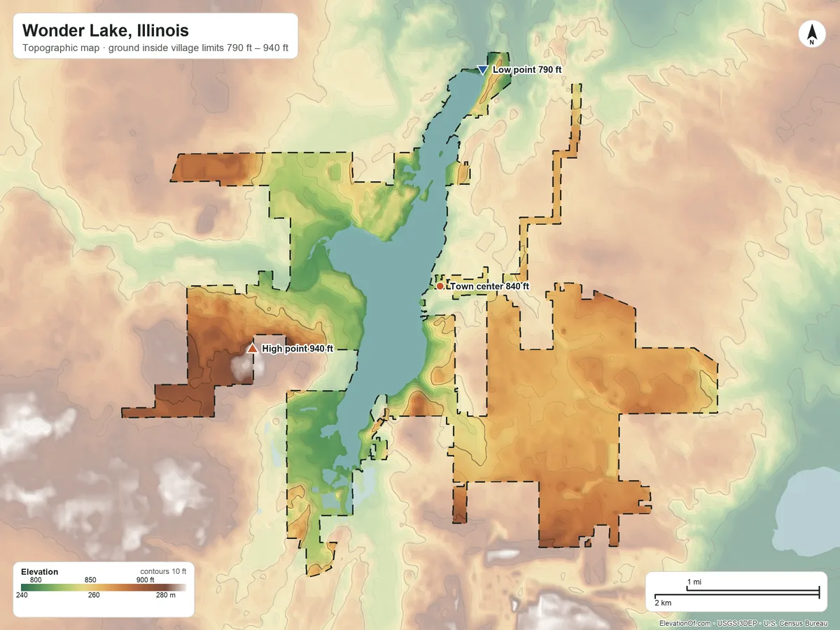 Topographic elevation map of Wonder Lake, Illinois, shaded from 790 ft on the north side to 940 ft on the west side
