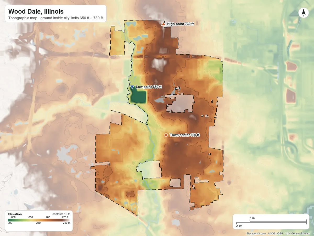 Topographic elevation map of Wood Dale, Illinois, shaded from 650 ft on the northwest side to 730 ft on the north side