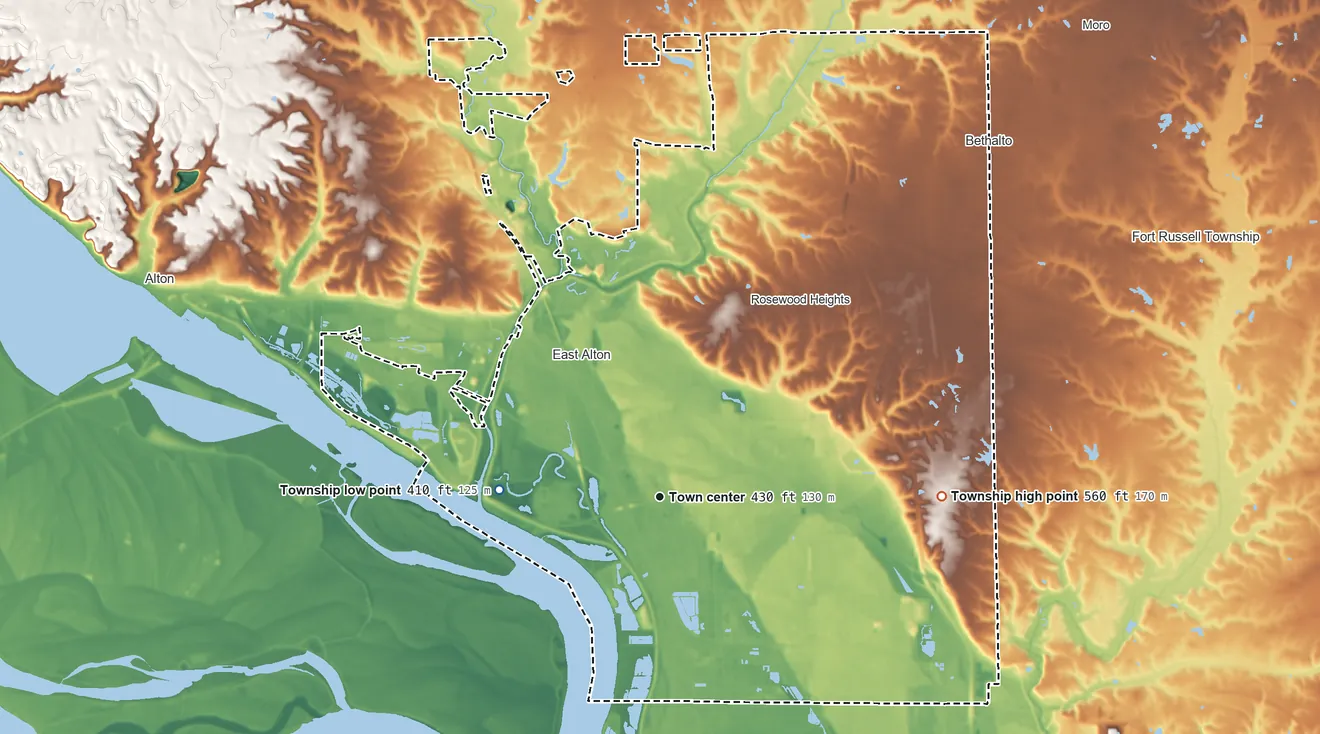 Topographic elevation map of Wood River Township, Illinois, shaded from 410 ft on the west side to 560 ft on the east side