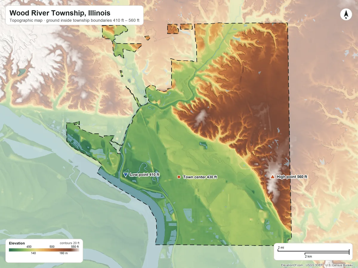 Topographic elevation map of Wood River Township, Illinois, shaded from 410 ft on the west side to 560 ft on the east side