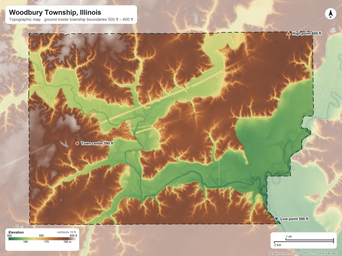 Topographic elevation map of Woodbury Township, Illinois, shaded from 500 ft on the east side to 600 ft on the northeast side