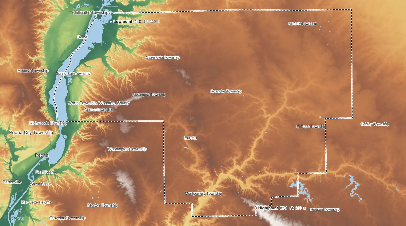 Topographic elevation map of Woodford County, Illinois, shaded from 440 ft on the northwest side to 850 ft on the southeast side
