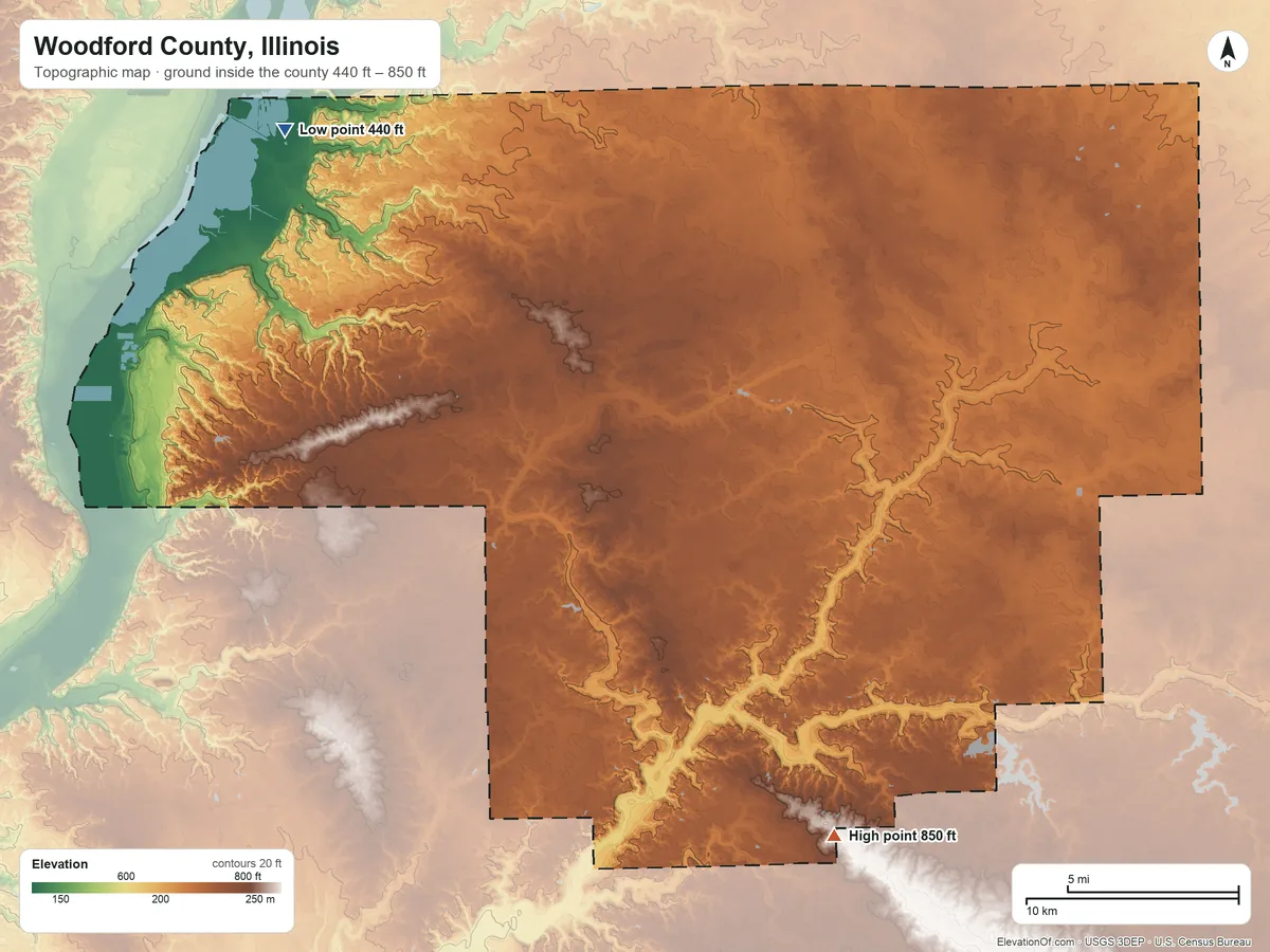 Topographic elevation map of Woodford County, Illinois, shaded from 440 ft on the northwest side to 850 ft on the southeast side