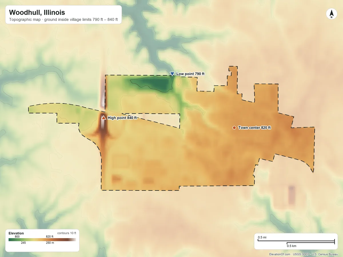Topographic elevation map of Woodhull, Illinois, shaded from 790 ft on the northwest side to 840 ft on the west side