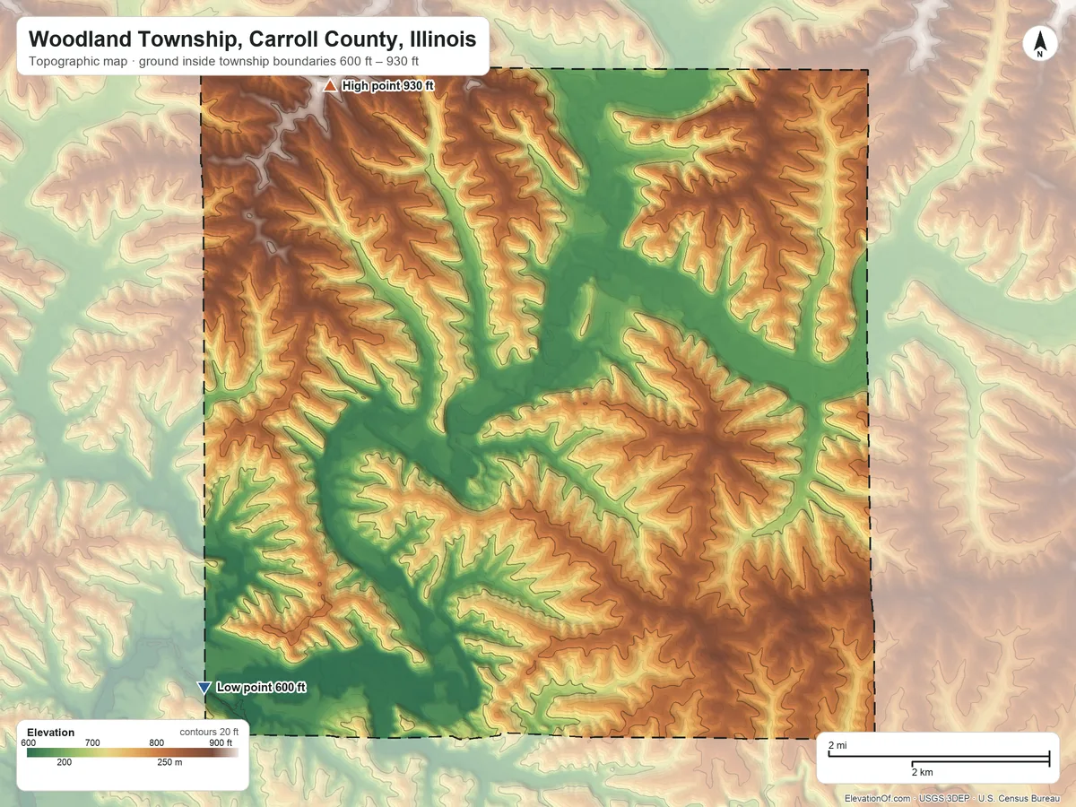Topographic elevation map of Woodland Township, Carroll County, Illinois, shaded from 600 ft on the southwest side to 930 ft on the northwest side