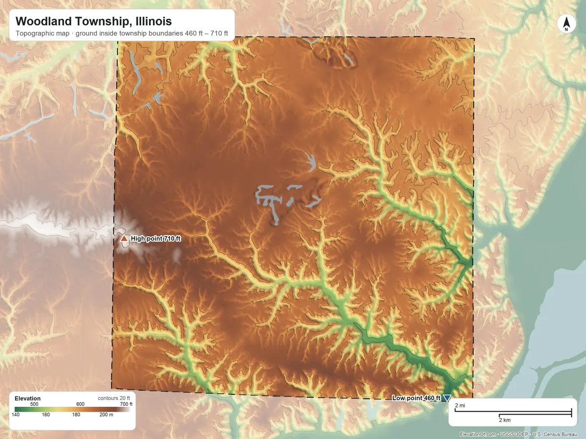 Topographic elevation map of Woodland Township, Illinois, shaded from 460 ft on the southeast side to 710 ft on the west side