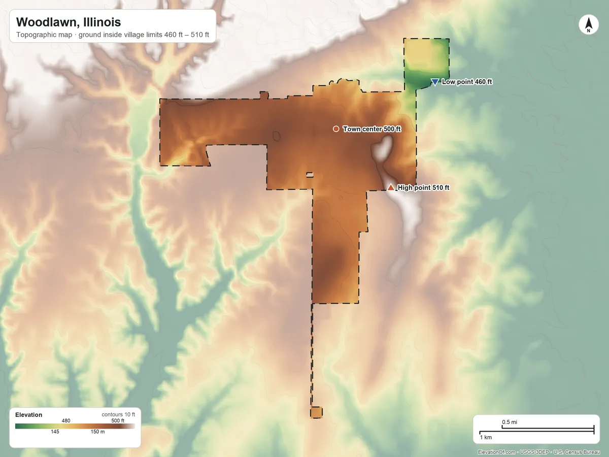 Topographic elevation map of Woodlawn, Illinois, shaded from 460 ft on the northeast side to 510 ft on the southeast side