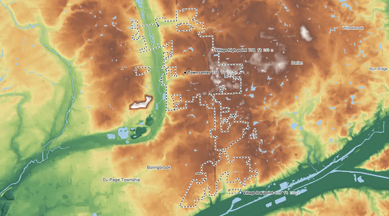 Topographic elevation map of Woodridge, Illinois, shaded from 620 ft on the southeast side to 790 ft on the northeast side