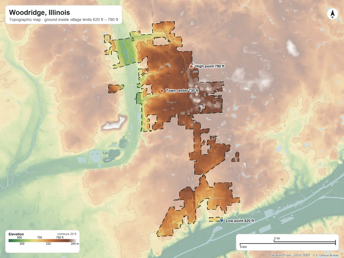 Topographic elevation map of Woodridge, Illinois, shaded from 620 ft on the southeast side to 790 ft on the northeast side