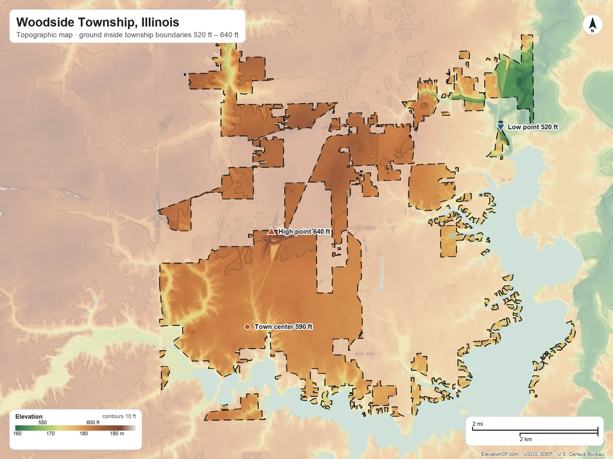 Topographic elevation map of Woodside Township, Illinois, shaded from 520 ft on the northeast side to 640 ft on the north side