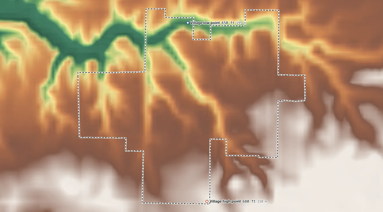 Topographic elevation map of Woodson, Illinois, shaded from 650 ft on the northwest side to 680 ft on the south side