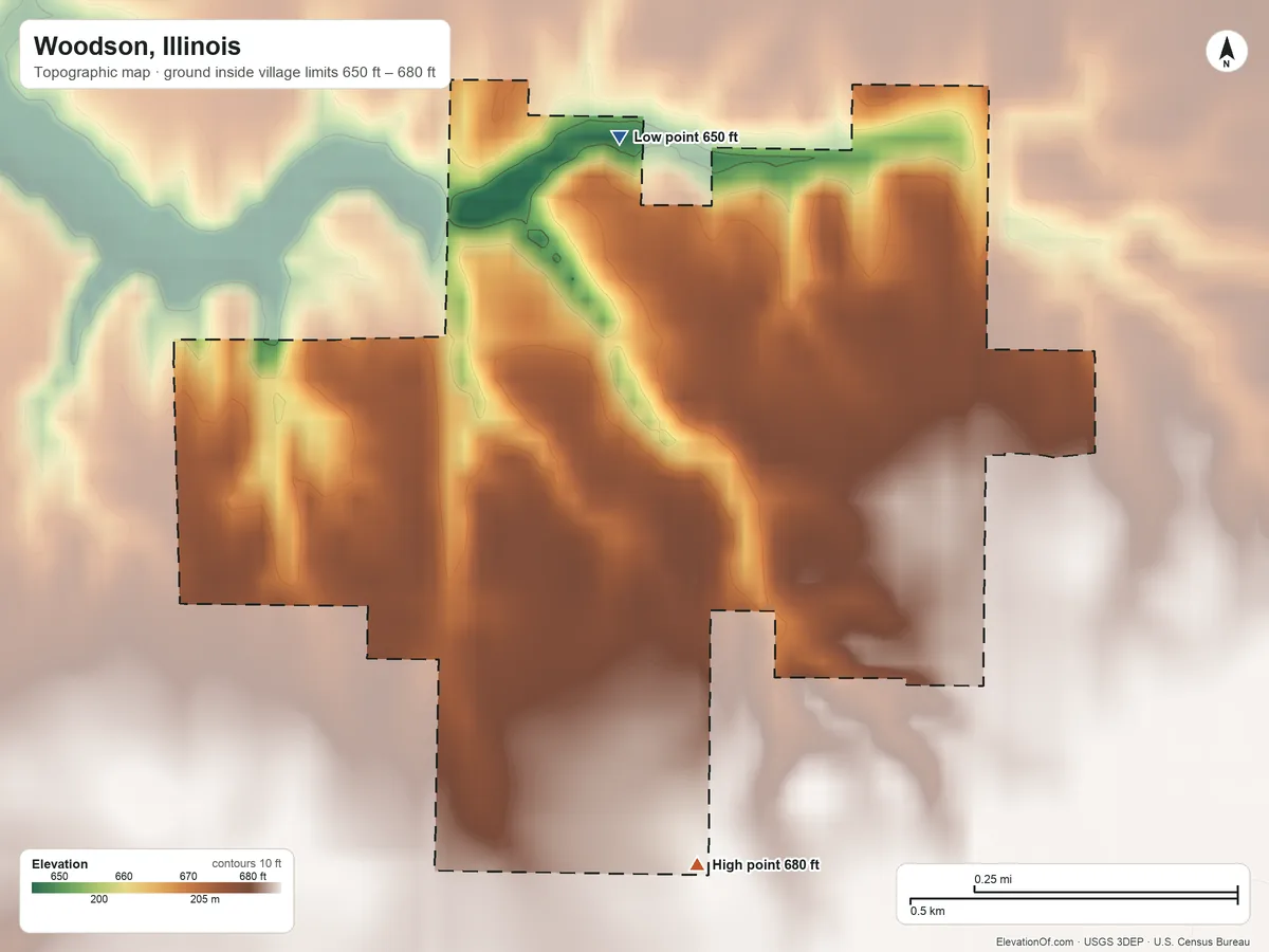 Topographic elevation map of Woodson, Illinois, shaded from 650 ft on the northwest side to 680 ft on the south side