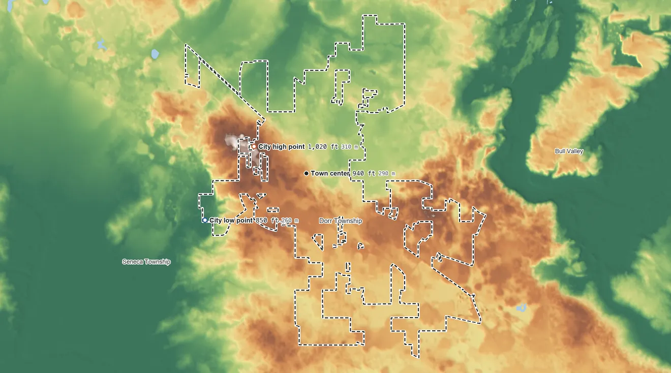 Topographic elevation map of Woodstock, Illinois, shaded from 850 ft on the southwest side to 1,020 ft on the northwest side
