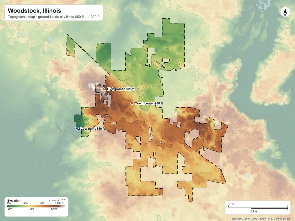Topographic elevation map of Woodstock, Illinois, shaded from 850 ft on the southwest side to 1,020 ft on the northwest side
