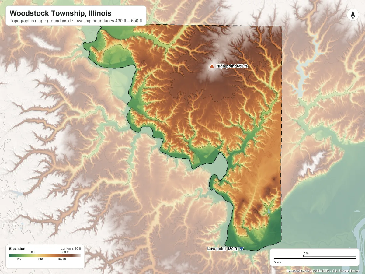 Topographic elevation map of Woodstock Township, Illinois, shaded from 430 ft on the south side to 650 ft on the north side