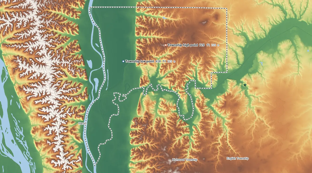 Topographic elevation map of Woodville Township, Illinois, shaded from 410 ft on the west side to 720 ft on Witachek Mound