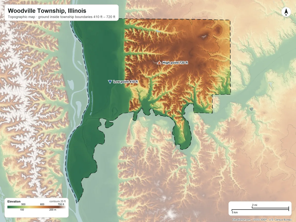 Topographic elevation map of Woodville Township, Illinois, shaded from 410 ft on the west side to 720 ft on Witachek Mound