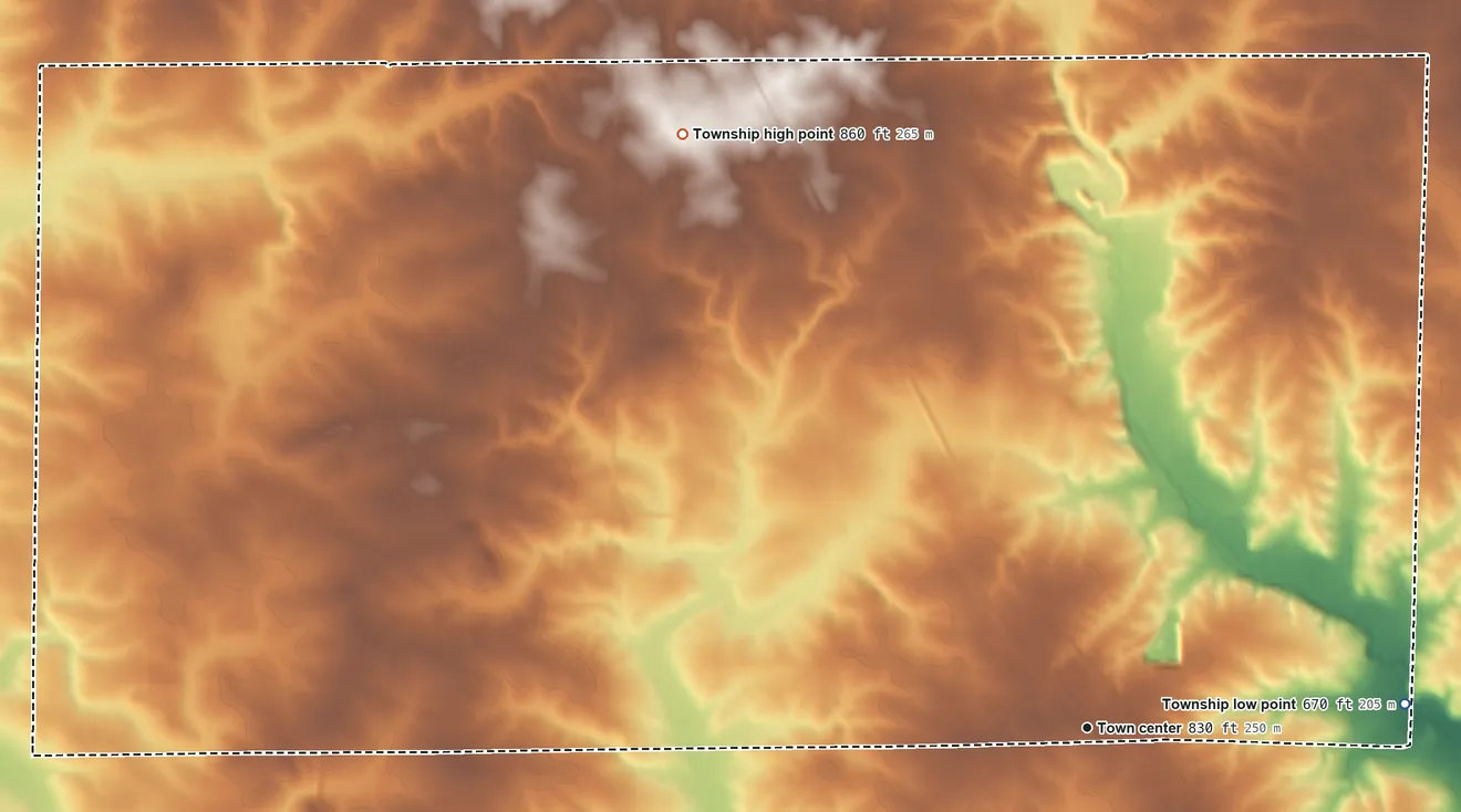 Topographic elevation map of Woosung Township, Illinois, shaded from 670 ft on the east side to 860 ft on the northwest side