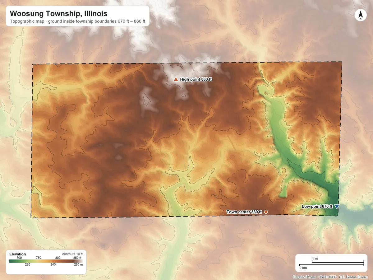 Topographic elevation map of Woosung Township, Illinois, shaded from 670 ft on the east side to 860 ft on the northwest side