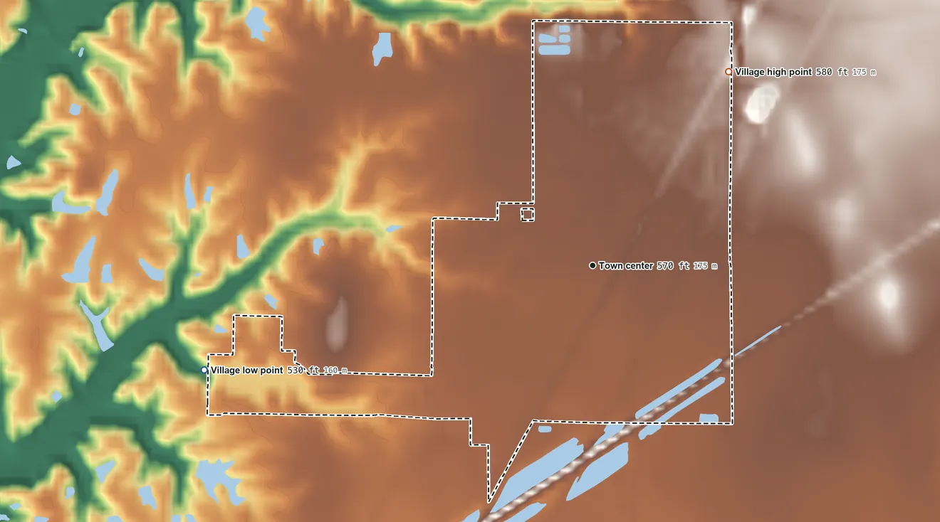Topographic elevation map of Worden, Illinois, shaded from 530 ft on the west side to 580 ft on the northeast side