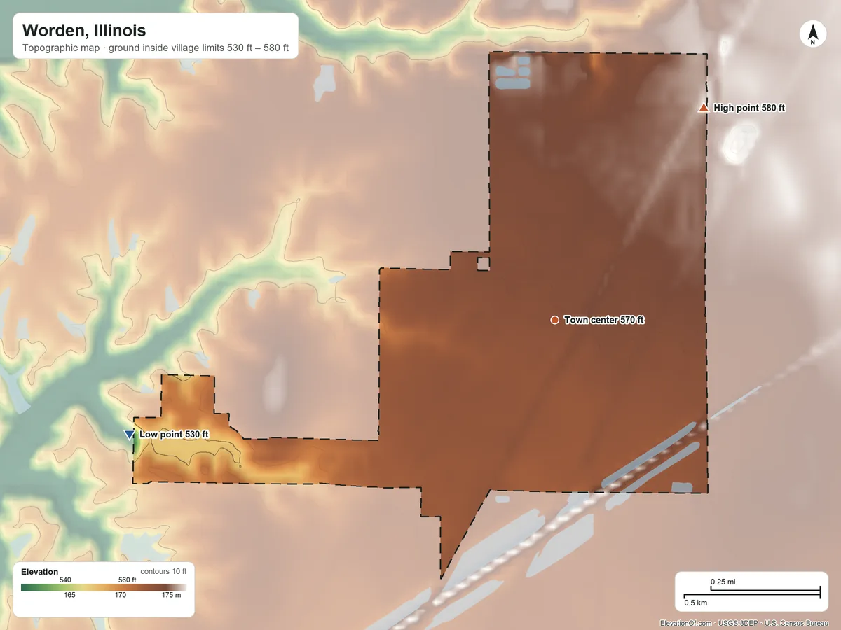 Topographic elevation map of Worden, Illinois, shaded from 530 ft on the west side to 580 ft on the northeast side