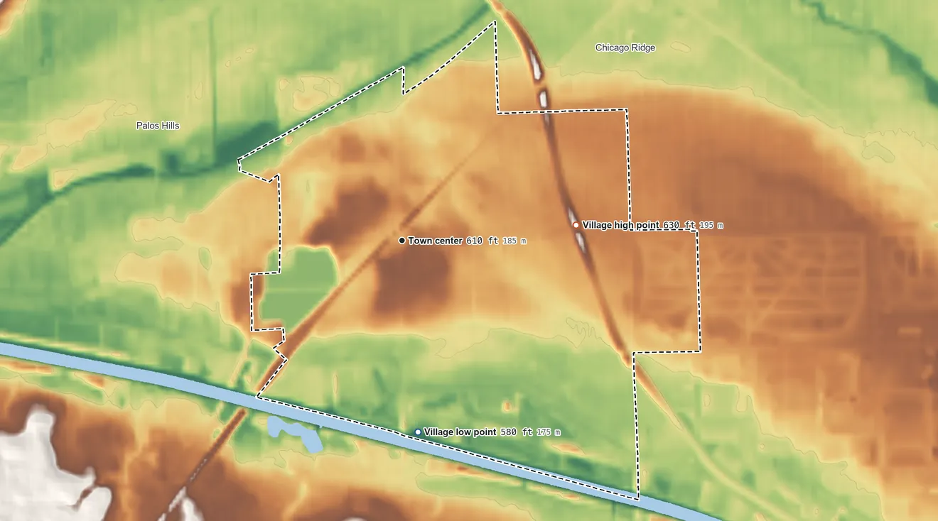 Topographic elevation map of Worth, Illinois, shaded from 580 ft on the south side to 630 ft on the east side