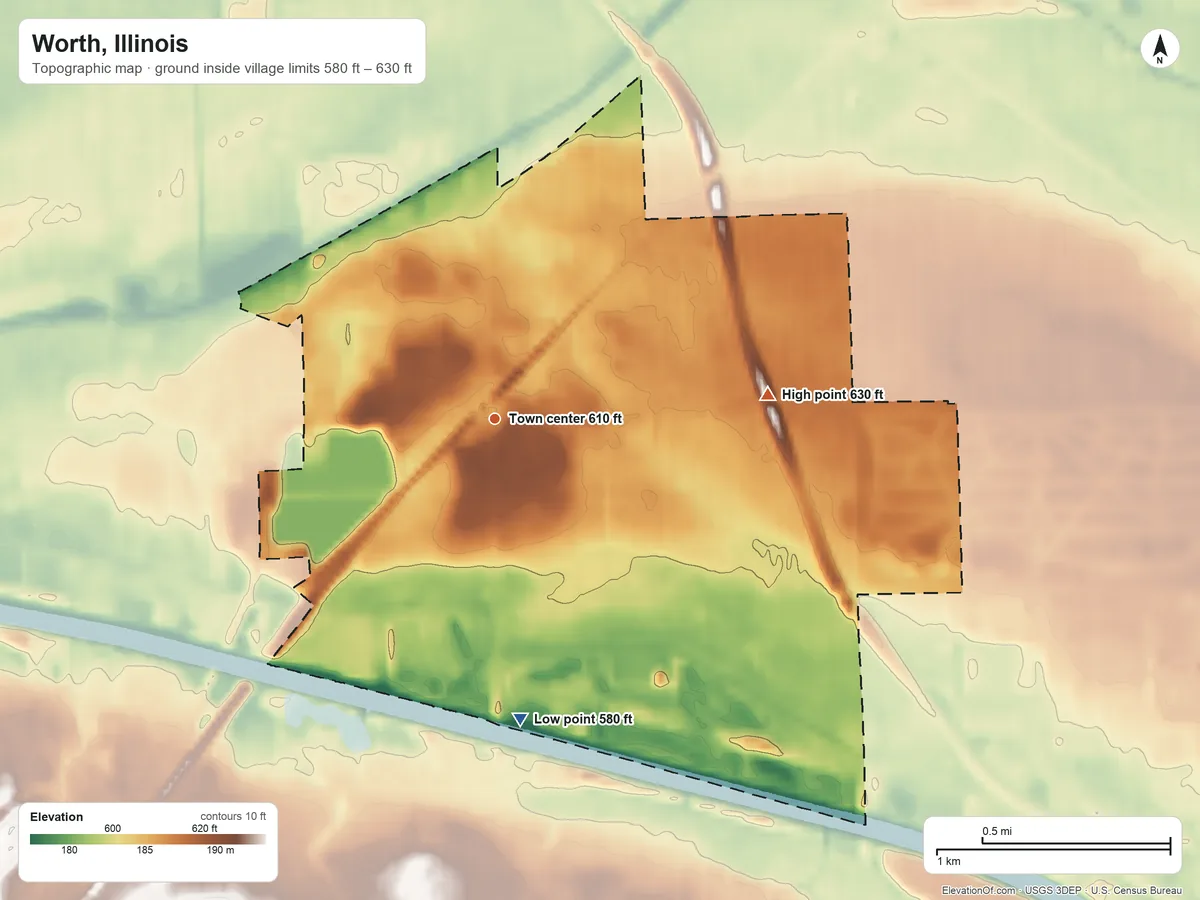 Topographic elevation map of Worth, Illinois, shaded from 580 ft on the south side to 630 ft on the east side