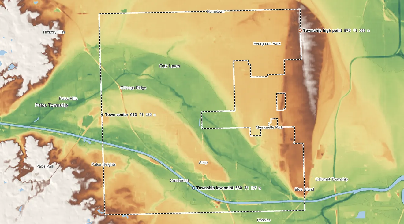 Topographic elevation map of Worth Township, Illinois, shaded from 580 ft on the southeast side to 670 ft on the northeast side