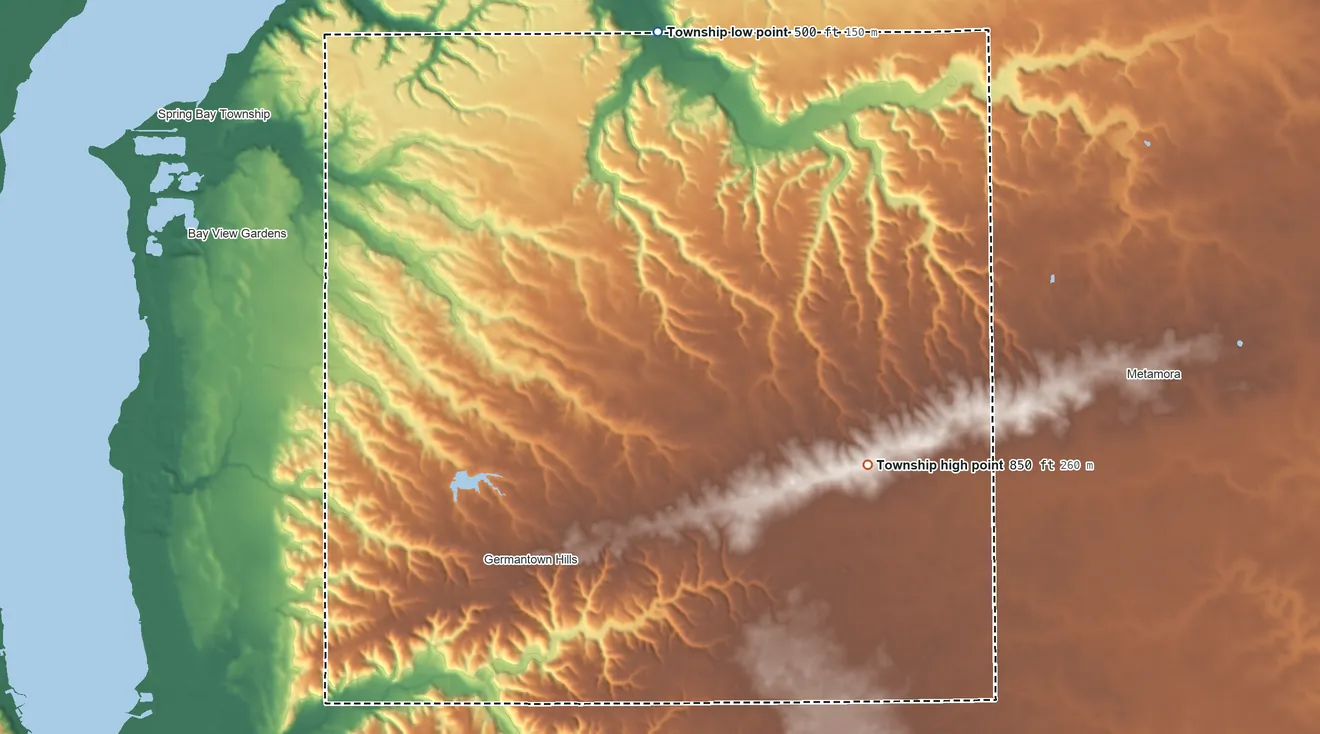 Topographic elevation map of Worth Township, Woodford County, Illinois, shaded from 500 ft on the north side to 850 ft on the east side