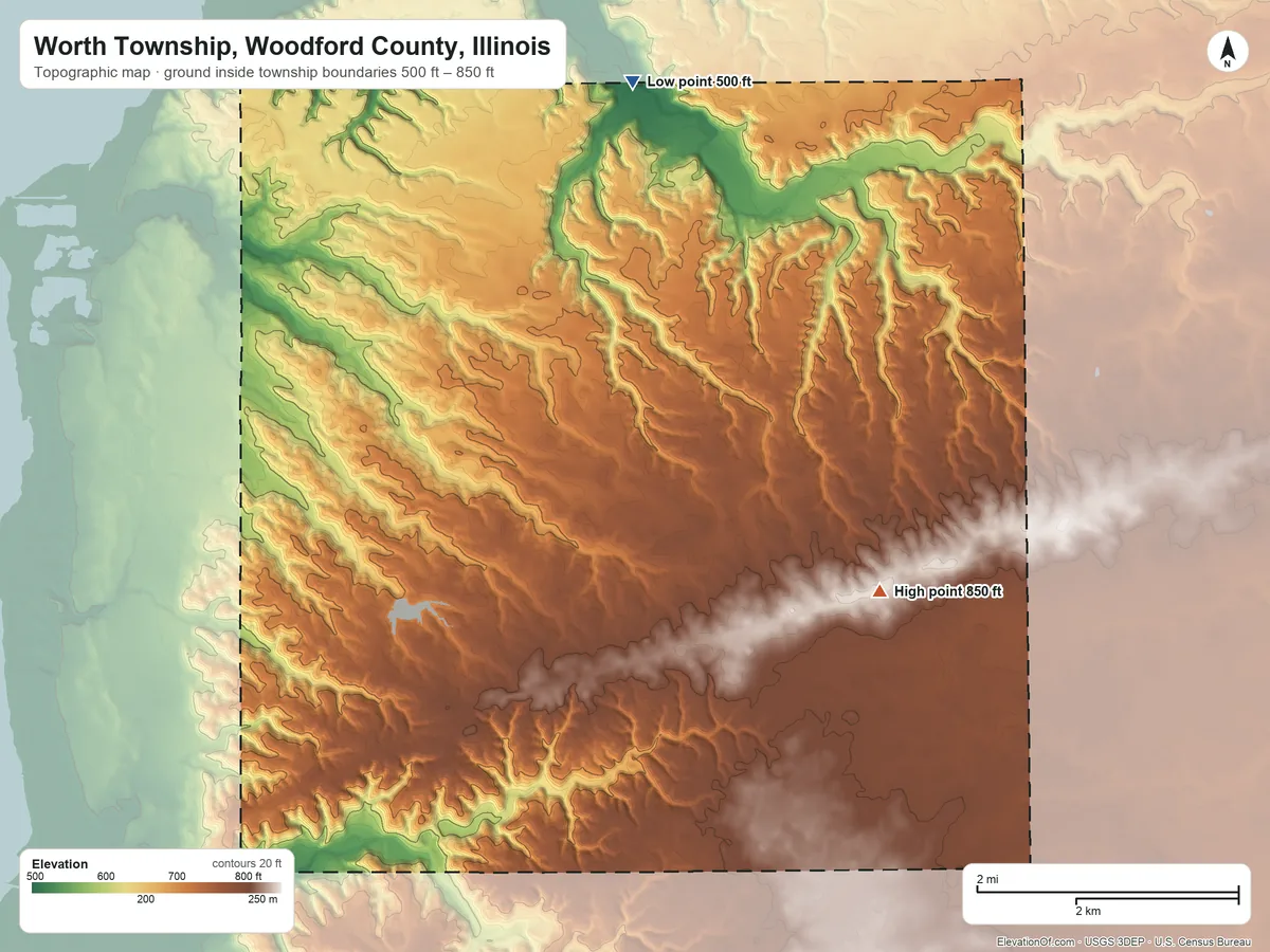 Topographic elevation map of Worth Township, Woodford County, Illinois, shaded from 500 ft on the north side to 850 ft on the east side
