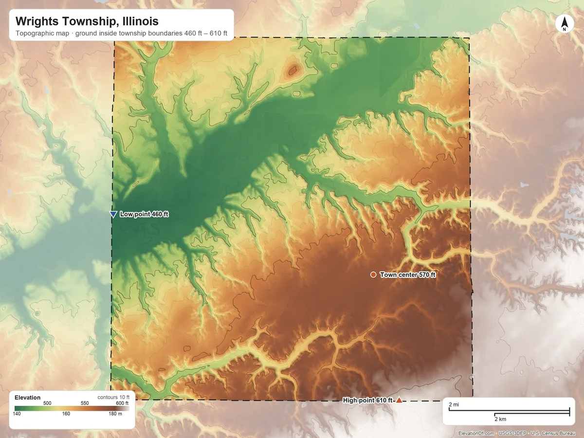 Topographic elevation map of Wrights Township, Illinois, shaded from 460 ft on the west side to 610 ft on the south side