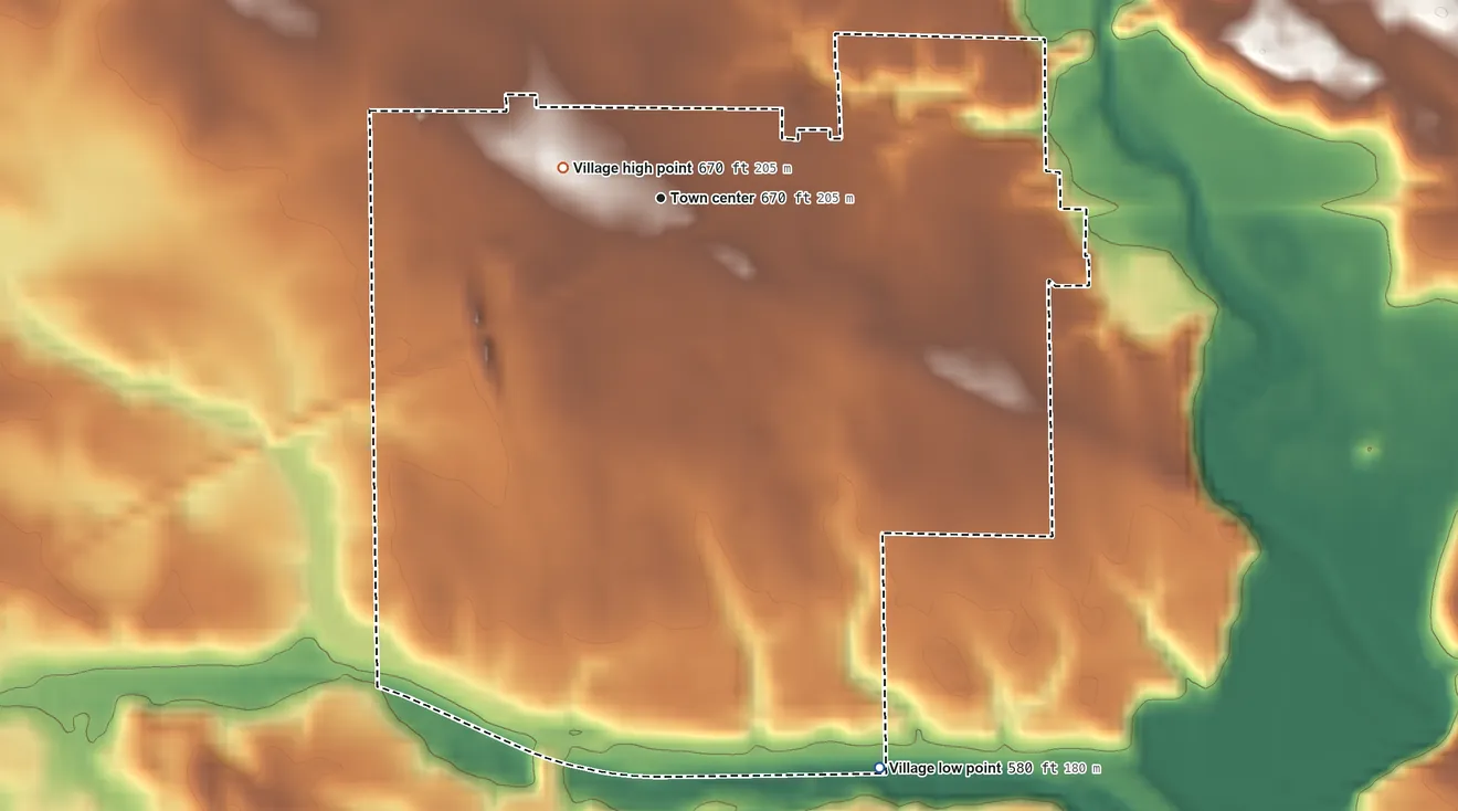 Topographic elevation map of Wyanet, Illinois, shaded from 580 ft on the south side to 670 ft near the middle