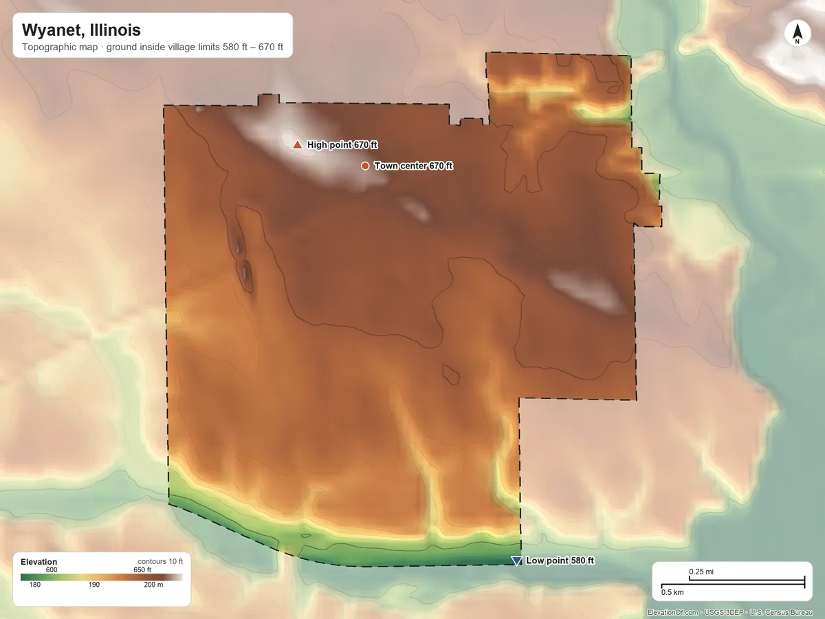 Topographic elevation map of Wyanet, Illinois, shaded from 580 ft on the south side to 670 ft near the middle