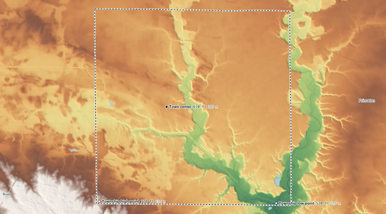 Topographic elevation map of Wyanet Township, Illinois, shaded from 520 ft on the southeast side to 770 ft on the southwest side