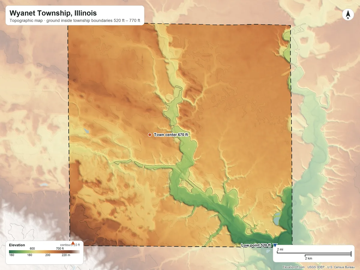 Topographic elevation map of Wyanet Township, Illinois, shaded from 520 ft on the southeast side to 770 ft on the southwest side