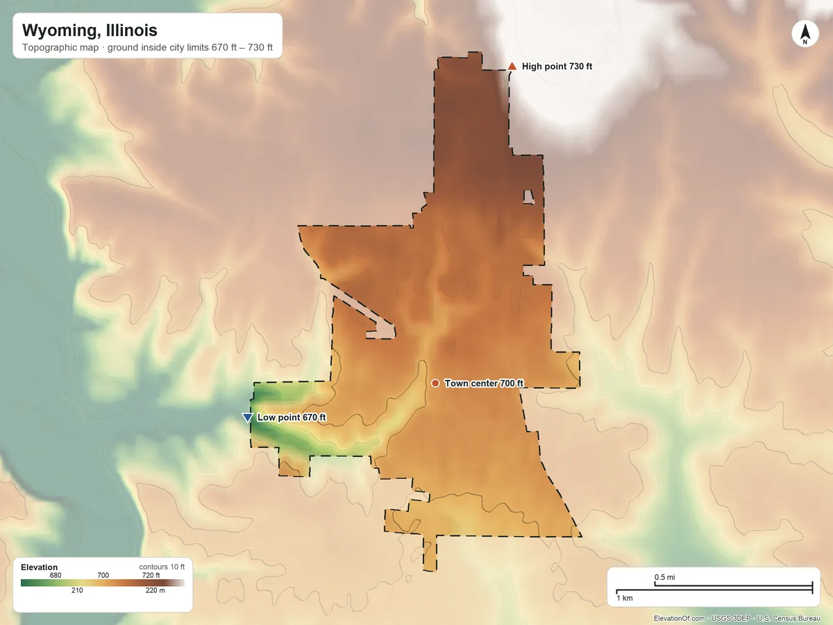 Topographic elevation map of Wyoming, Illinois, shaded from 670 ft on the west side to 730 ft on the north side