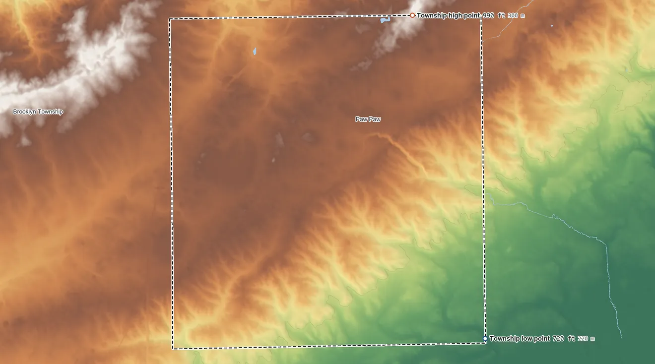 Topographic elevation map of Wyoming Township, Illinois, shaded from 720 ft on the southeast side to 990 ft on the northeast side