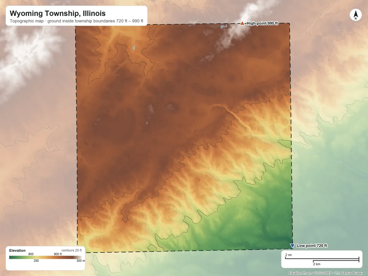 Topographic elevation map of Wyoming Township, Illinois, shaded from 720 ft on the southeast side to 990 ft on the northeast side