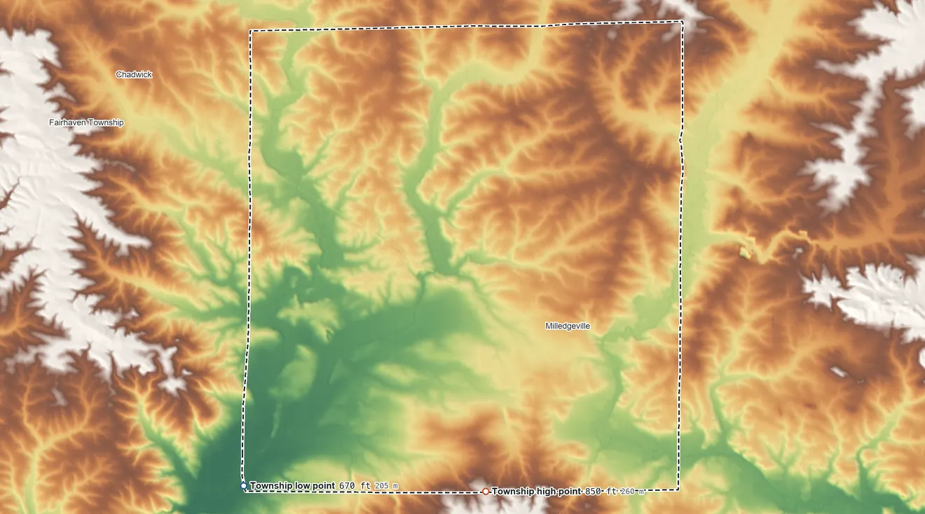 Topographic elevation map of Wysox Township, Illinois, shaded from 670 ft on the southwest side to 850 ft on the south side