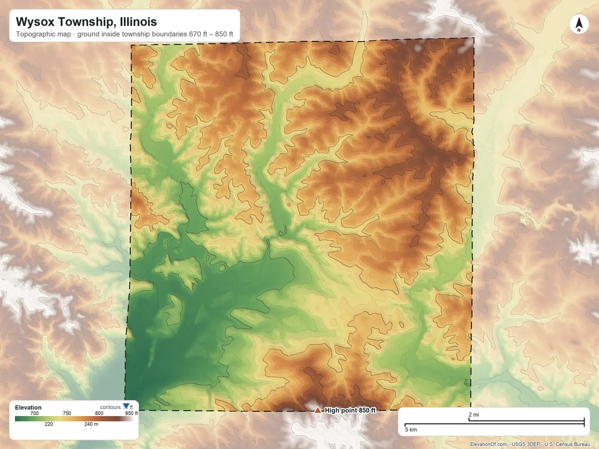 Topographic elevation map of Wysox Township, Illinois, shaded from 670 ft on the southwest side to 850 ft on the south side