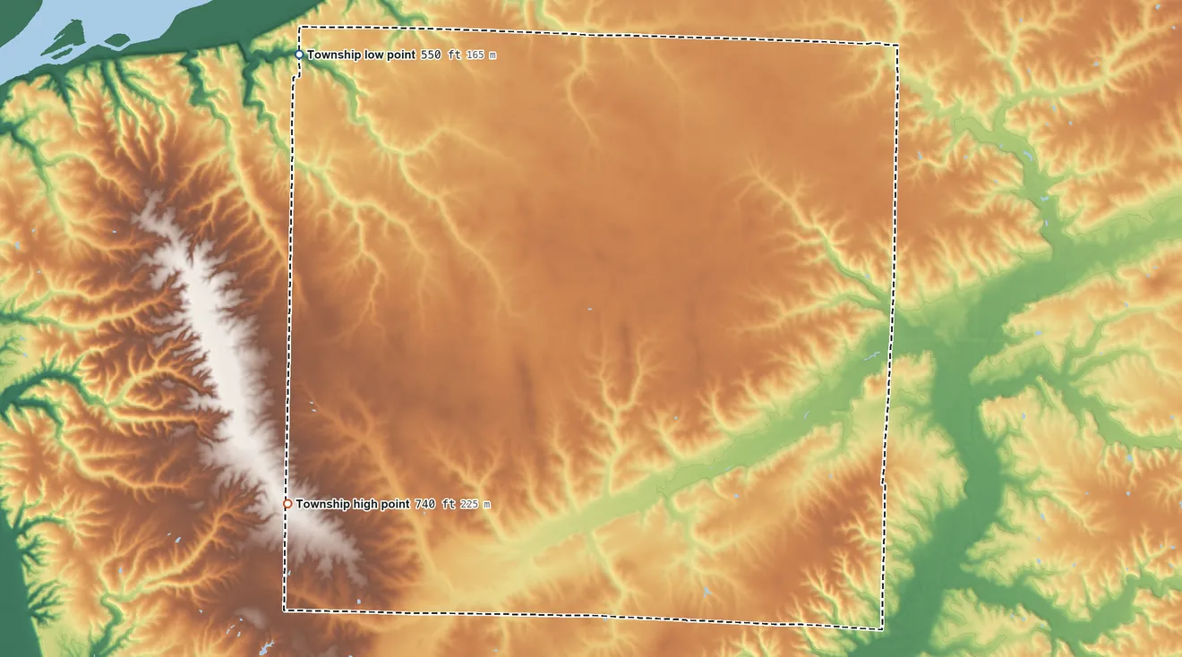 Topographic elevation map of Wythe Township, Illinois, shaded from 550 ft on the northwest side to 740 ft on the southwest side