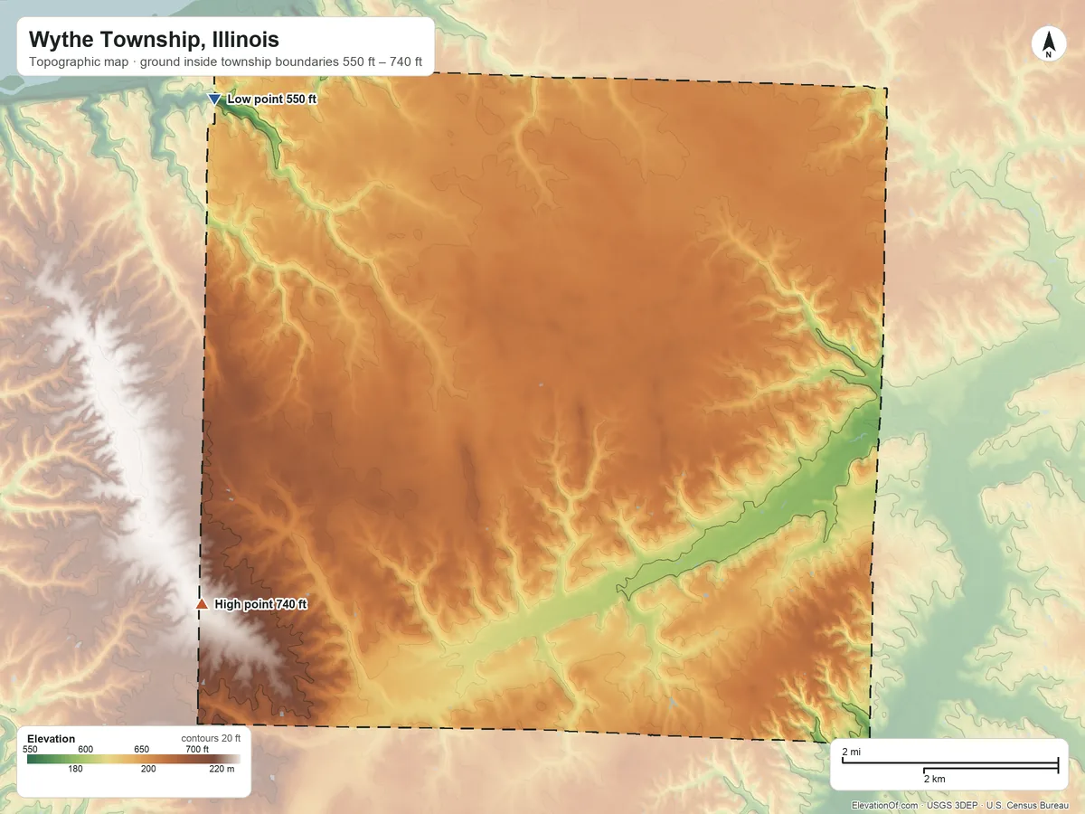 Topographic elevation map of Wythe Township, Illinois, shaded from 550 ft on the northwest side to 740 ft on the southwest side