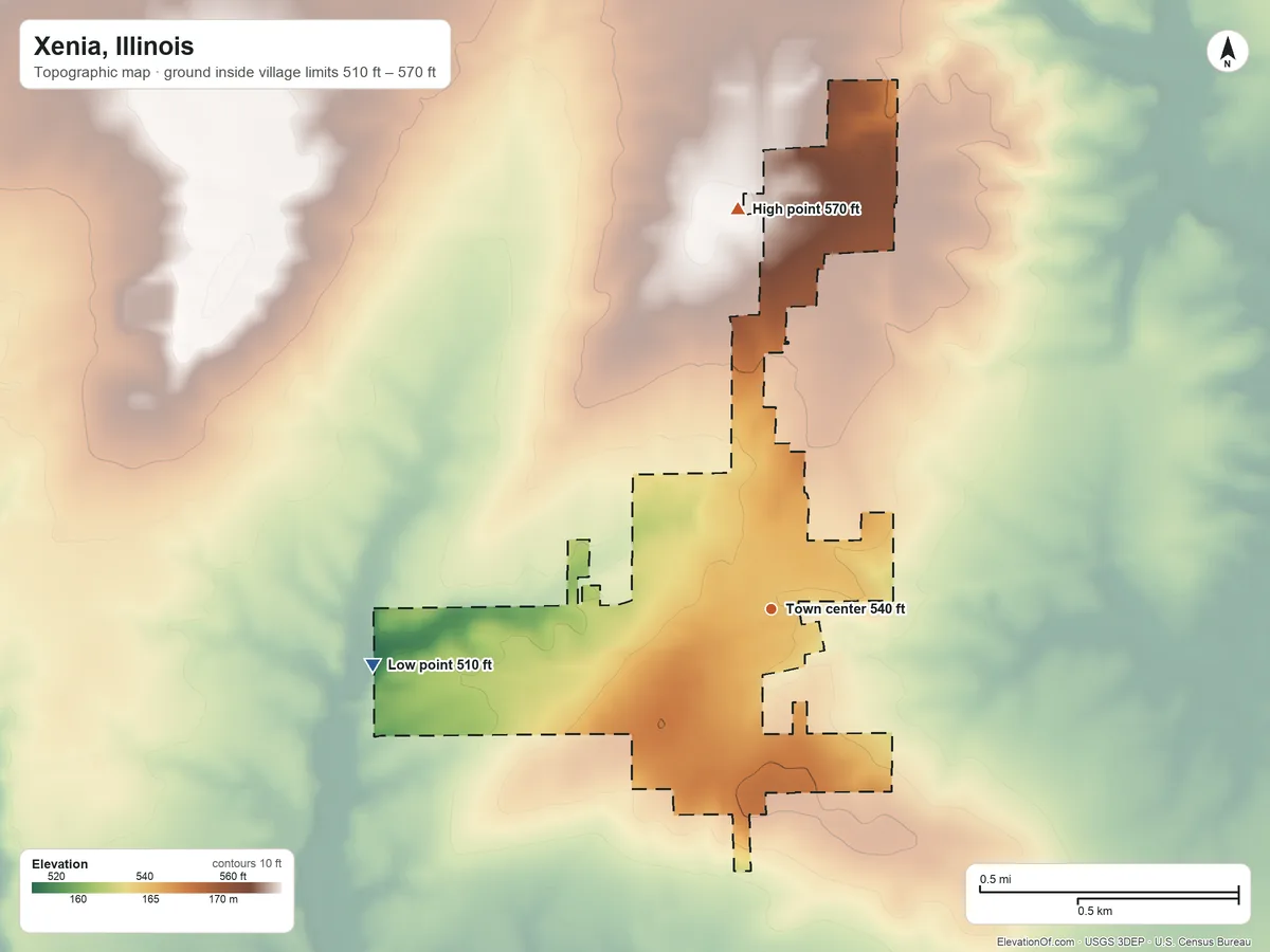 Topographic elevation map of Xenia, Illinois, shaded from 510 ft on the west side to 570 ft on the north side