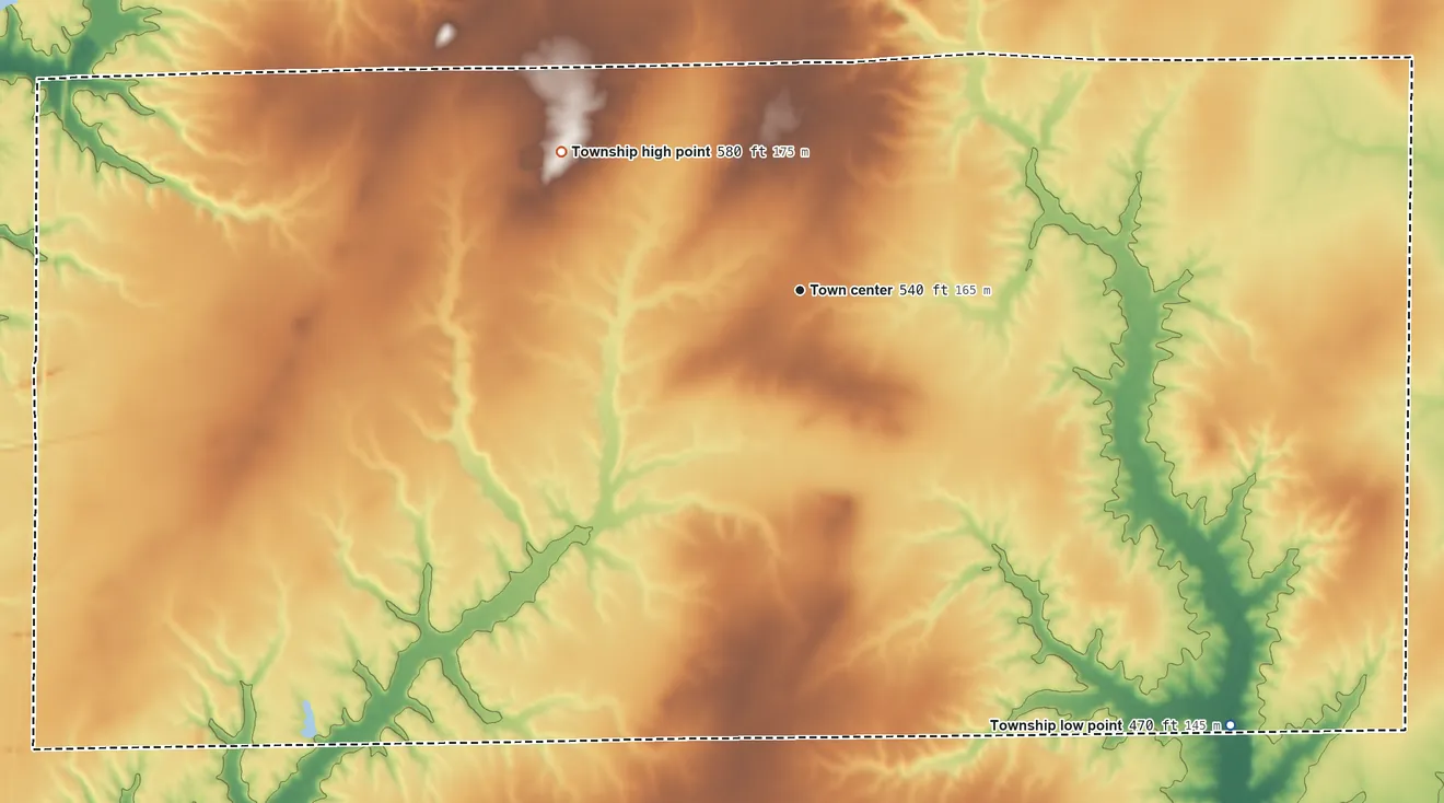 Topographic elevation map of Xenia Township, Illinois, shaded from 470 ft on the southeast side to 580 ft on the northwest side