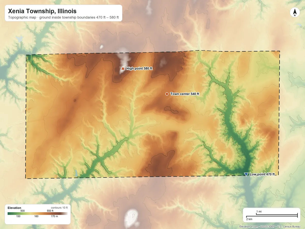Topographic elevation map of Xenia Township, Illinois, shaded from 470 ft on the southeast side to 580 ft on the northwest side