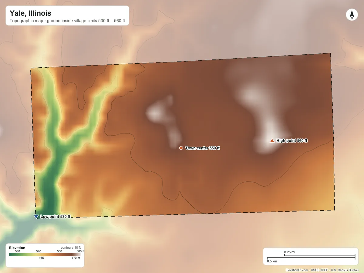 Topographic elevation map of Yale, Illinois, shaded from 530 ft on the southwest side to 560 ft on the east side