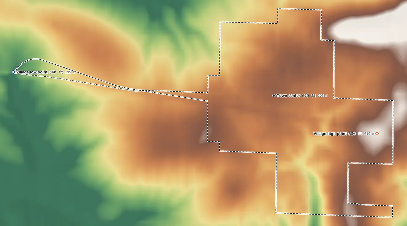 Topographic elevation map of Yates City, Illinois, shaded from 640 ft on the west side to 680 ft on the east side