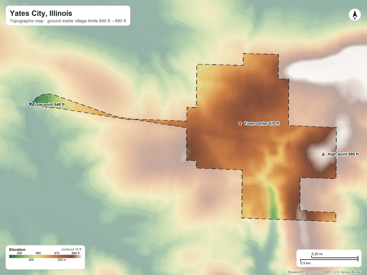 Topographic elevation map of Yates City, Illinois, shaded from 640 ft on the west side to 680 ft on the east side